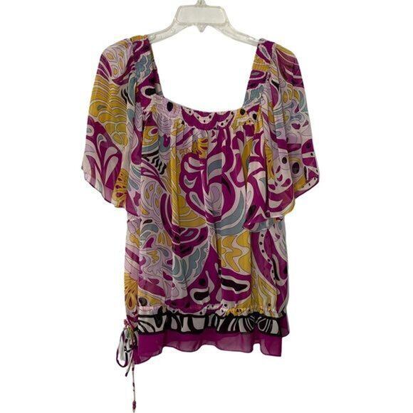 Nicole Miller Wms L Retro Colorful Print Blouse Flounce Hem W/ Cami Boho Peasant - Picture 9 of 10